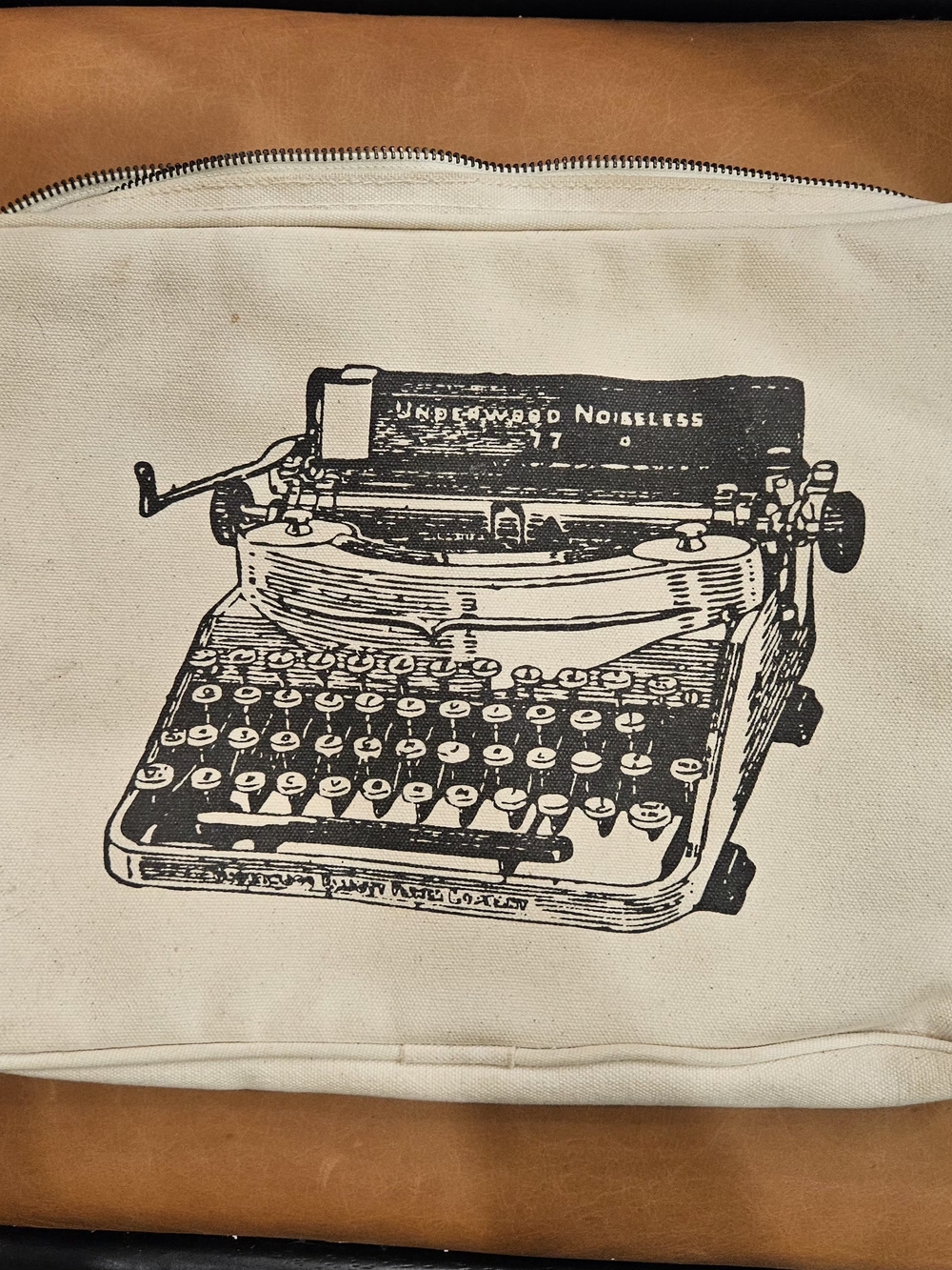 Canvas Laptop Bag with Typewriter Print - Cream/Black